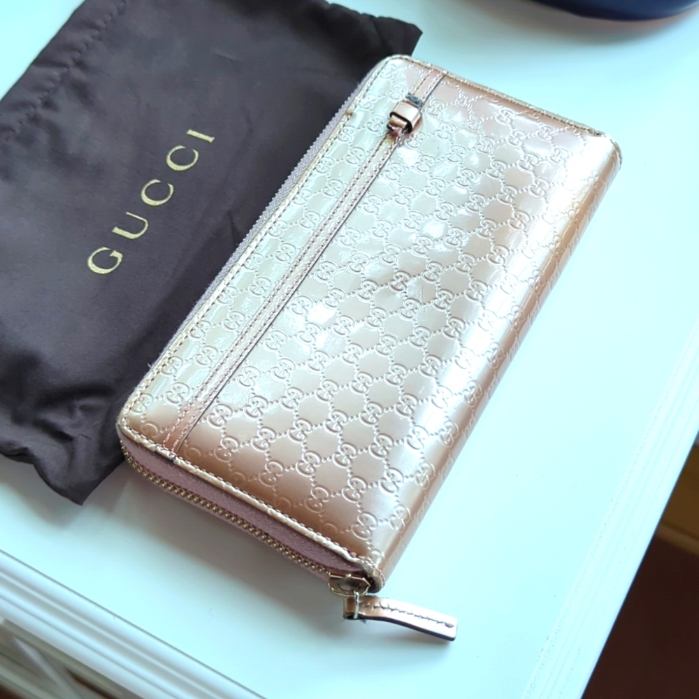 Authentic Gucci Zip Purse Micro Shima Wallet GG Pink Patent Leather Italy - Picture 7 of 13